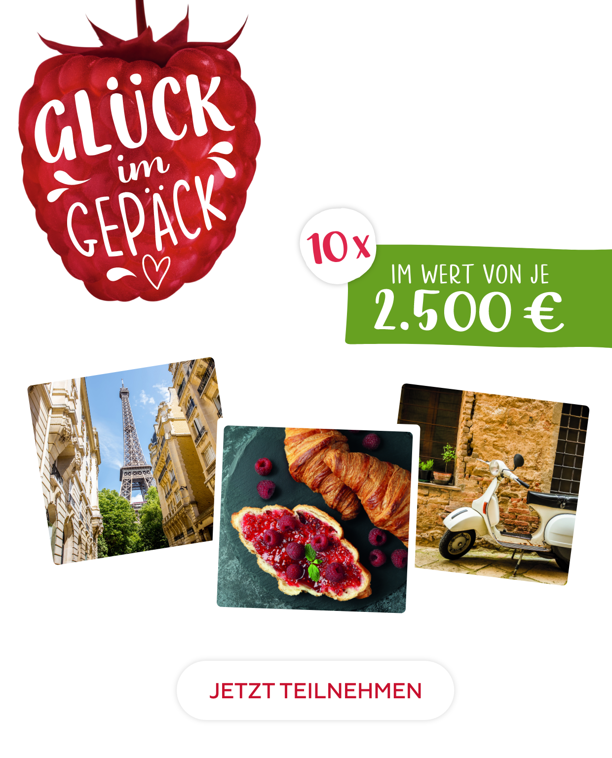 Gewinnspiel 'Glück im Gepäck': Mitmachen und einen von 10 Städtetrips im Wert von je 2.500 Euro gewinnen. Jetzt teilnehmen.